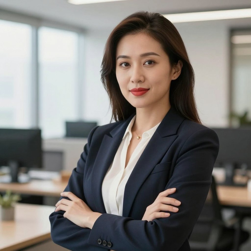 Profesjonalna brunetka z dyskretną czerwoną szminką w biurze