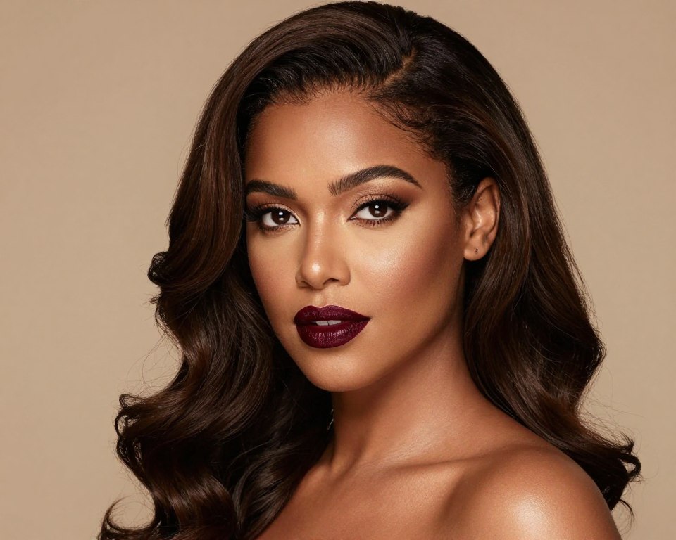 Śniada brunetka z głęboką bordową szminką