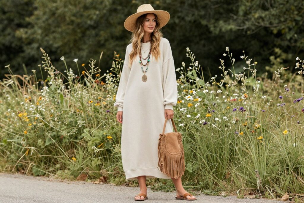 Stylizacja boho z dresową sukienką maxi Stylizacja boho z dresową sukienką maxi