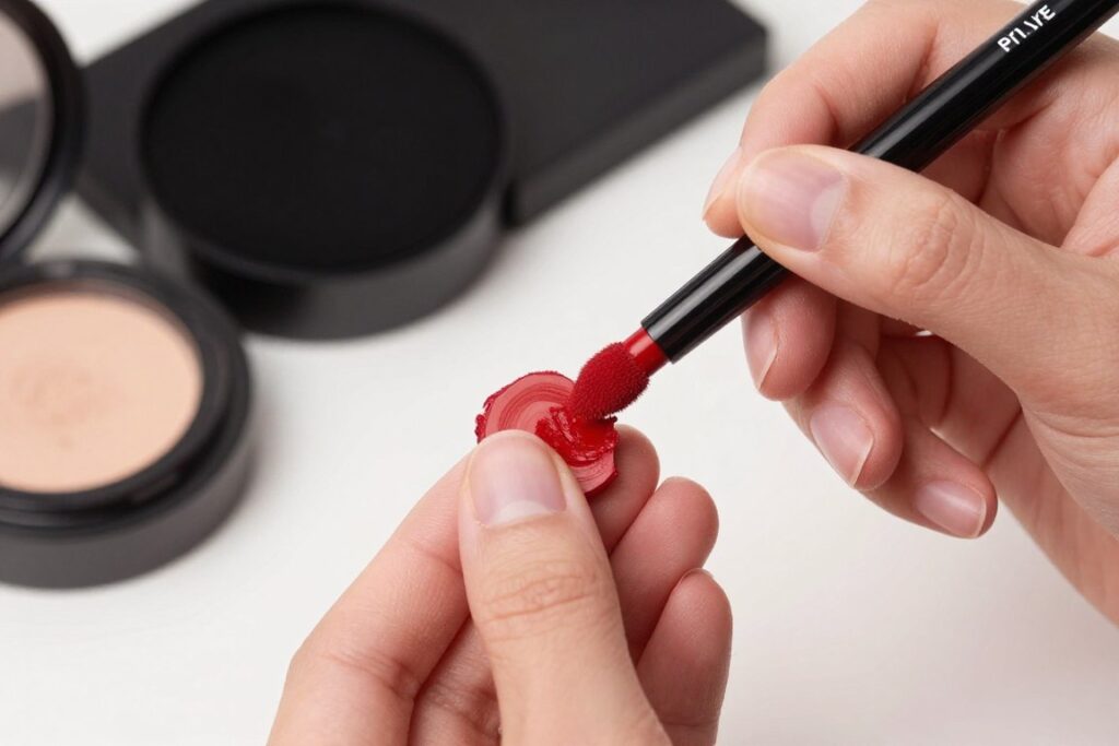 Warstwowa aplikacja czerwonej szminki z pudrem