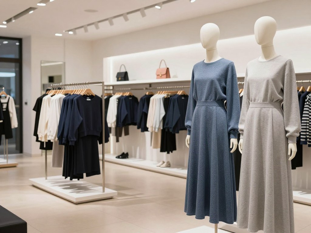Wnętrze butiku z sukienkami dresowymi maxi Wnętrze butiku z sukienkami dresowymi maxi