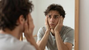 osoba patrząca w lustro z zamyślonym wyrazem twarzy symbolizująca refleksję nad kompleksami