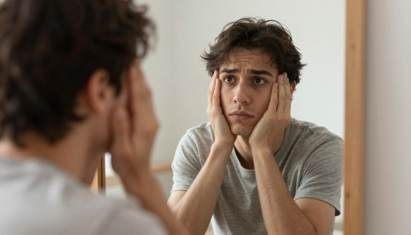 osoba patrząca w lustro z zamyślonym wyrazem twarzy symbolizująca refleksję nad kompleksami