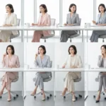 Kobieta w eleganckim stroju biurowym siedząca przy biurku - stylizacja do biura na cały tydzień