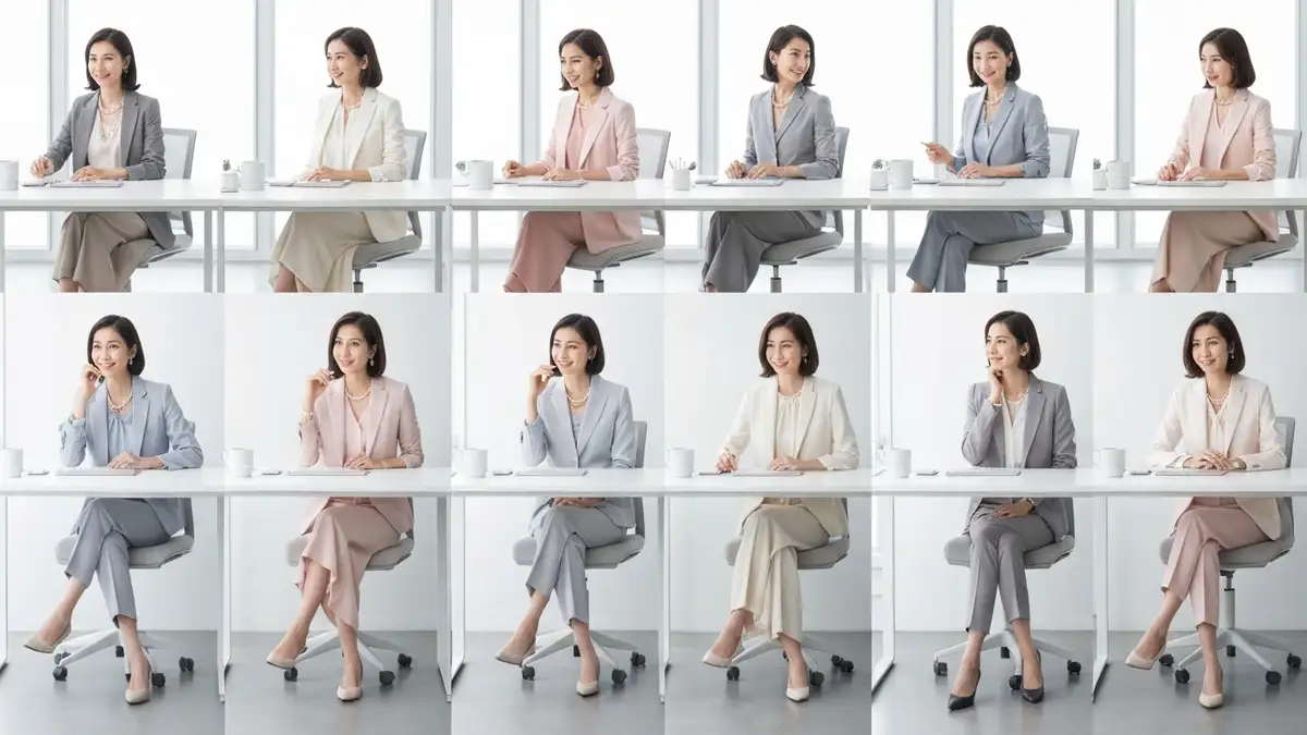 Kobieta w eleganckim stroju biurowym siedząca przy biurku - stylizacja do biura na cały tydzień