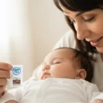 Niemowlę w bezpiecznym białym body z naturalnych materiałów, mama czyta etykietę na ubraniu, obok certyfikaty Oeko-Tex i GOTS