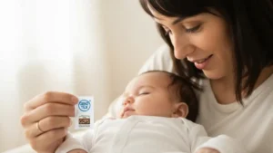 Niemowlę w bezpiecznym białym body z naturalnych materiałów, mama czyta etykietę na ubraniu, obok certyfikaty Oeko-Tex i GOTS