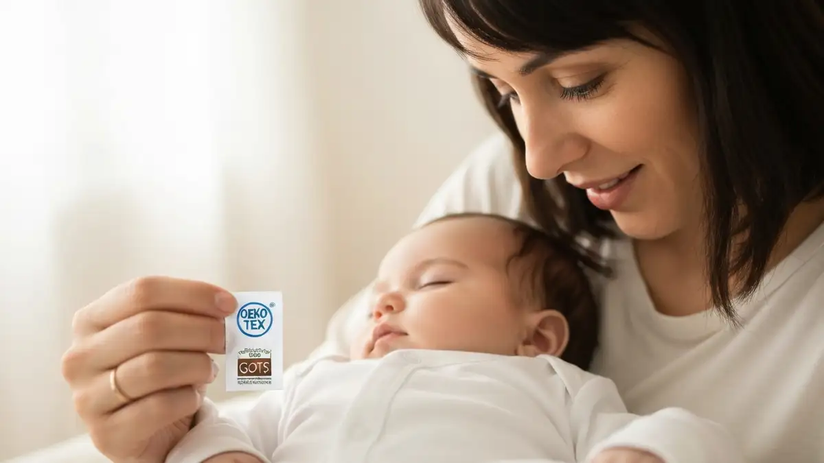 Niemowlę w bezpiecznym białym body z naturalnych materiałów, mama czyta etykietę na ubraniu, obok certyfikaty Oeko-Tex i GOTS
