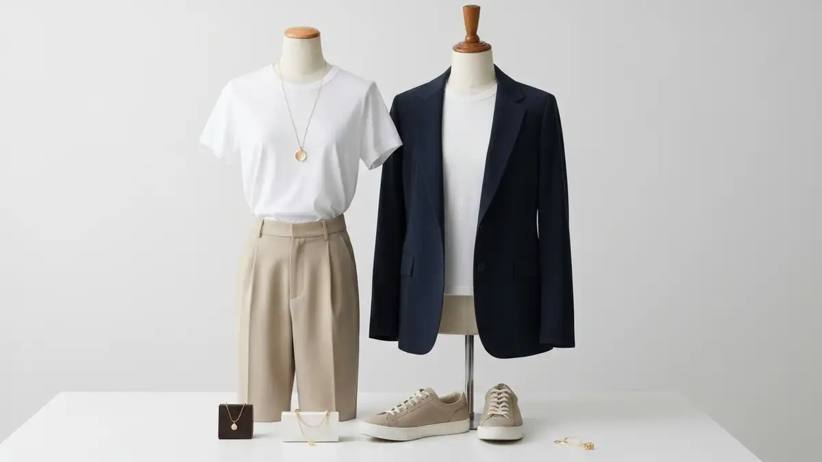 Mama w eleganckim outficie z capsule wardrobe, składającym się z neutralnych kolorów i praktycznych elementów, gotowa do dnia z dziećmi