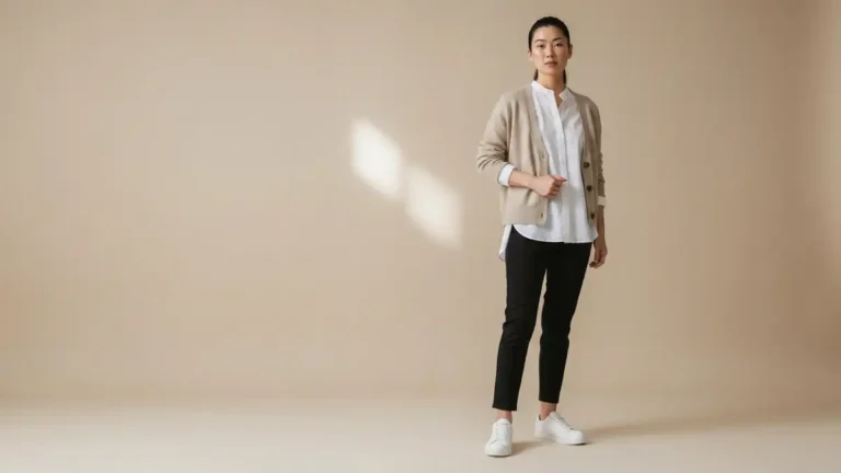 Kobieta w capsule wardrobe wiosna 2026 - biała koszula, czarne spodnie, białe sneakersy, beżowy kardigan, neutralne kolory
