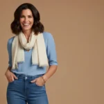 Mama 30+ w eleganckim, praktycznym stroju codziennym - jeansy, niebieska bluzka, szalik, minimalistyczna biżuteria, uśmiechająca się pewnie