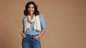 Mama 30+ w eleganckim, praktycznym stroju codziennym - jeansy, niebieska bluzka, szalik, minimalistyczna biżuteria, uśmiechająca się pewnie