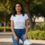 Kobieta w mama-style outfit - jeansy, biały top, sneakerki, minimalistyczne dodatki