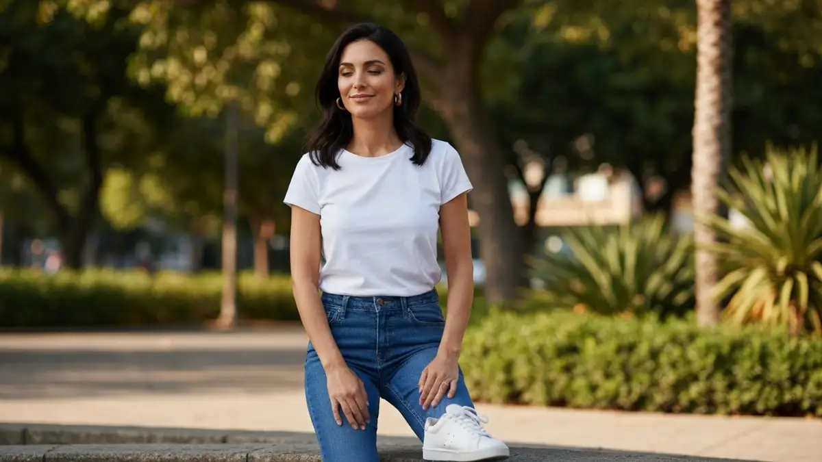 Kobieta w mama-style outfit - jeansy, biały top, sneakerki, minimalistyczne dodatki
