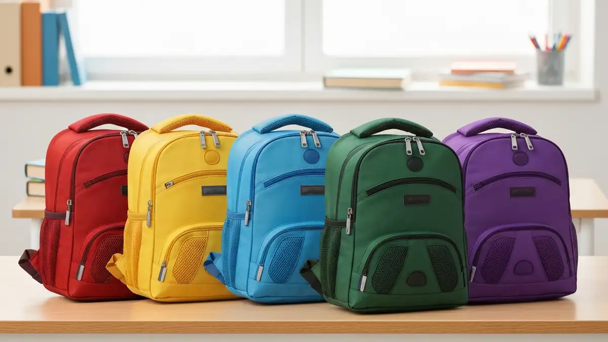 Piąć ergonomicznych plecaków szkolnych dla pierwszoklasisty w rzędzie, pokazujące różne modele od Herlitz, Ergobag, Scout, DerDieDas i Step by Step