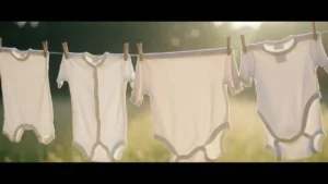 Delikatne ubranka niemowlęce wiszczące na sznurze do wysuszenia, łagodne naturalne oświetlenie, miękkie zapachy i czystość
