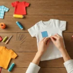 Pracownia DIY: igły, nić, materiały i stare ubrania dziecięce przygotowane do przeróbki