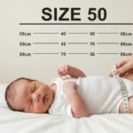 Niemowlak w white body rozmiar 50, uśmiechnięty noworodek na łóżku, kompletna tabela rozmiarów 50-86 cm obok