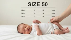 Niemowlak w white body rozmiar 50, uśmiechnięty noworodek na łóżku, kompletna tabela rozmiarów 50-86 cm obok