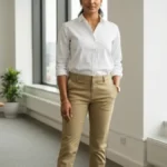 Kobieta w smart casual - eleganckie spodnie chinosy, białą koszulę i baleriny w nowoczesnym biurze