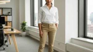 Kobieta w smart casual - eleganckie spodnie chinosy, białą koszulę i baleriny w nowoczesnym biurze