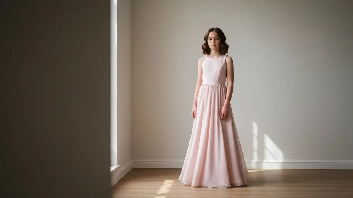 Dziewczyna w eleganckim stroju na bal ósmoklasisty - sukienka maxi w pastelowych kolorach 2026