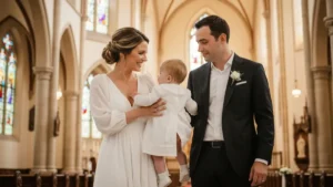 Rodzina ubrana elegancko na chrzciny - mama w białej sukni, tata w garniturze, dziecko w białym ubranku
