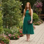 Kobieta w eleganckiej sukience midi w kolorze butelkowej zieleni na wesele, z szpilkami i małą czarną torebką, stojąca na tle drewnianego ogrodzenia